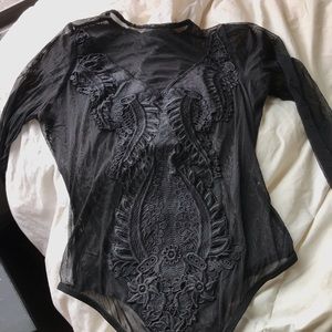 Black long sleeve sheer embroidered bodysuit